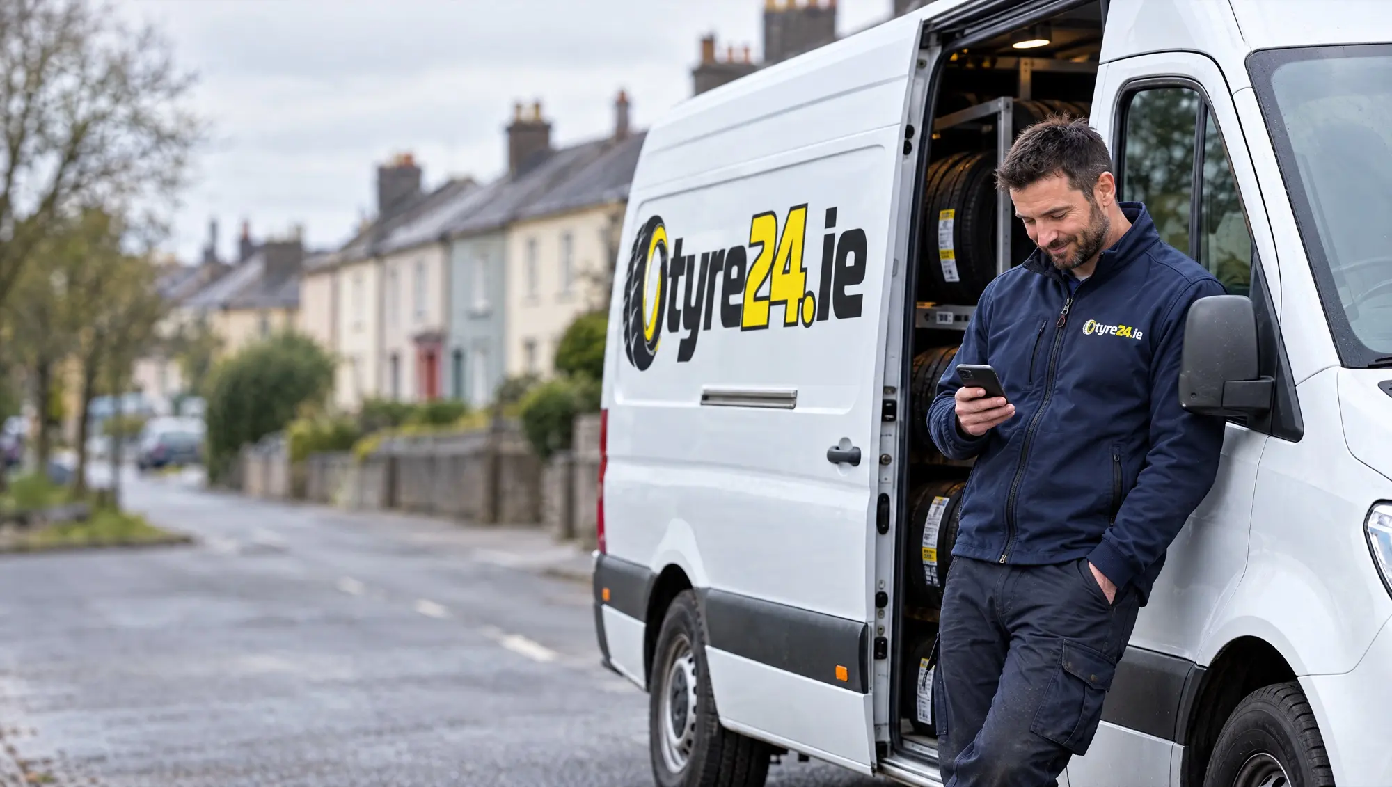 Tyre fitter reading a message on his phone beside the Tyre24.ie van