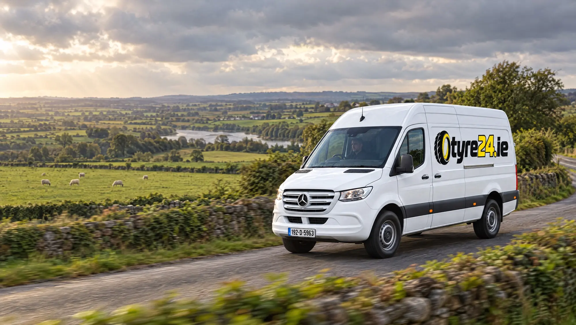 The Tyre24.ie van driving along a country road through Meath farmland