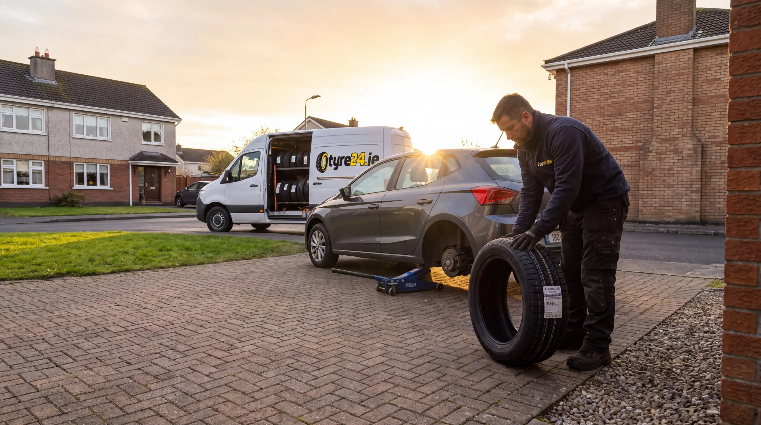 Tyre fitter rolling a new tyre to a car on a driveway at sunset, with the Tyre24.ie van behind