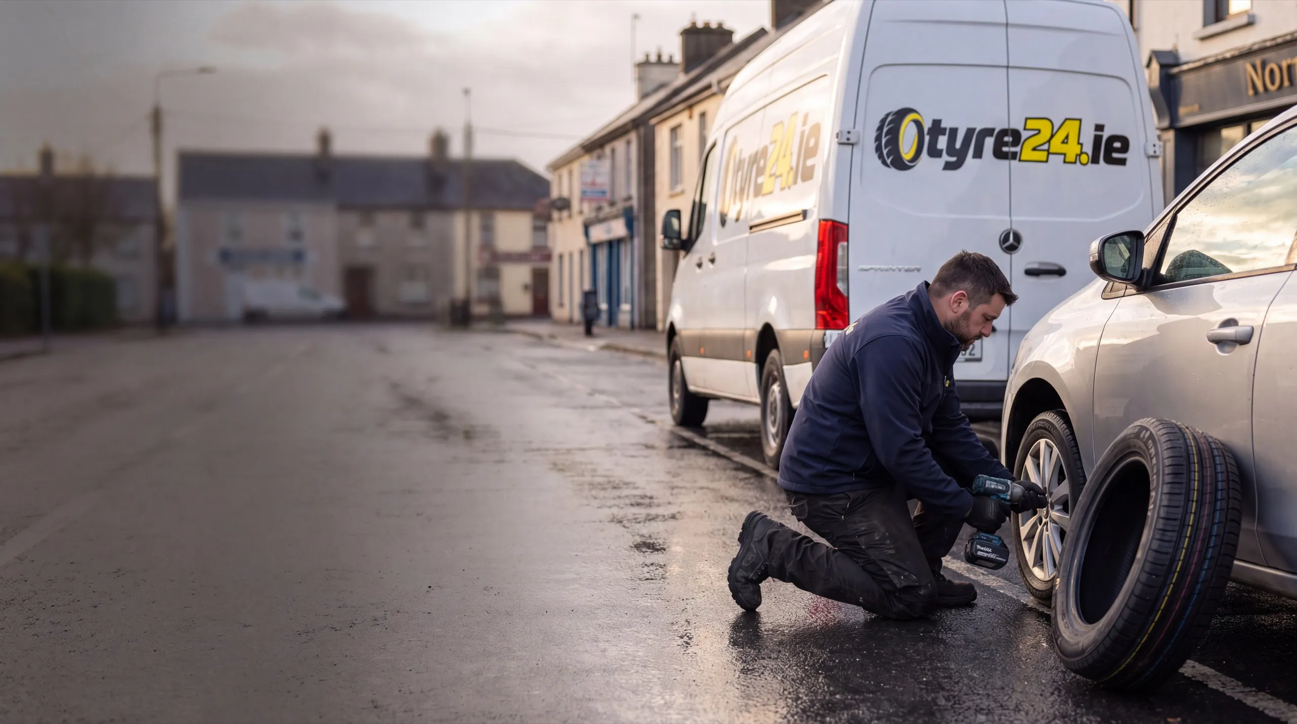 Tyre fitter kneeling to fit a new tyre on a wet town street, with the Tyre24.ie van parked behind