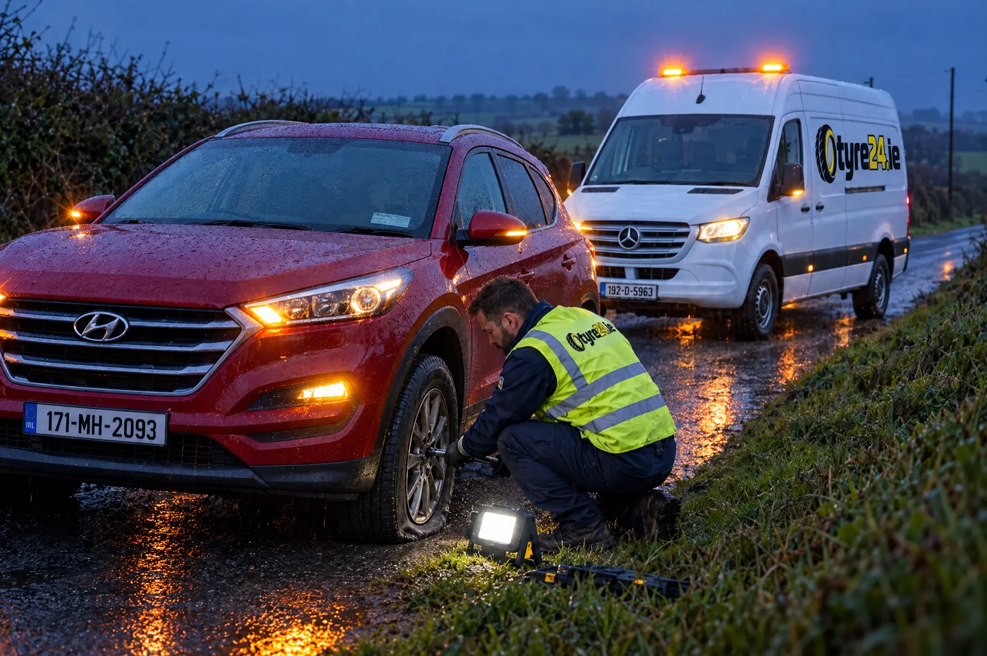 Tyre fitter in a hi-vis vest at a flat tyre on a country road at dusk, van with amber lights behind
