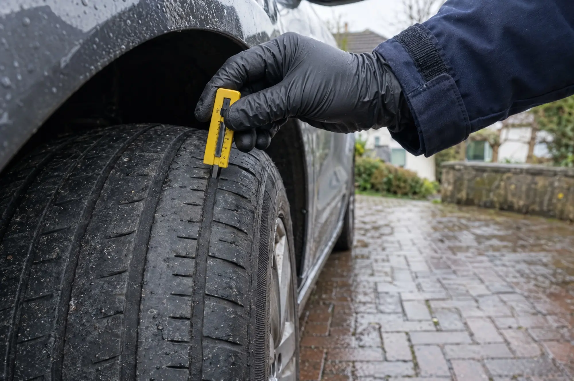 Fitter checking tyre tread depth with a gauge on a driveway