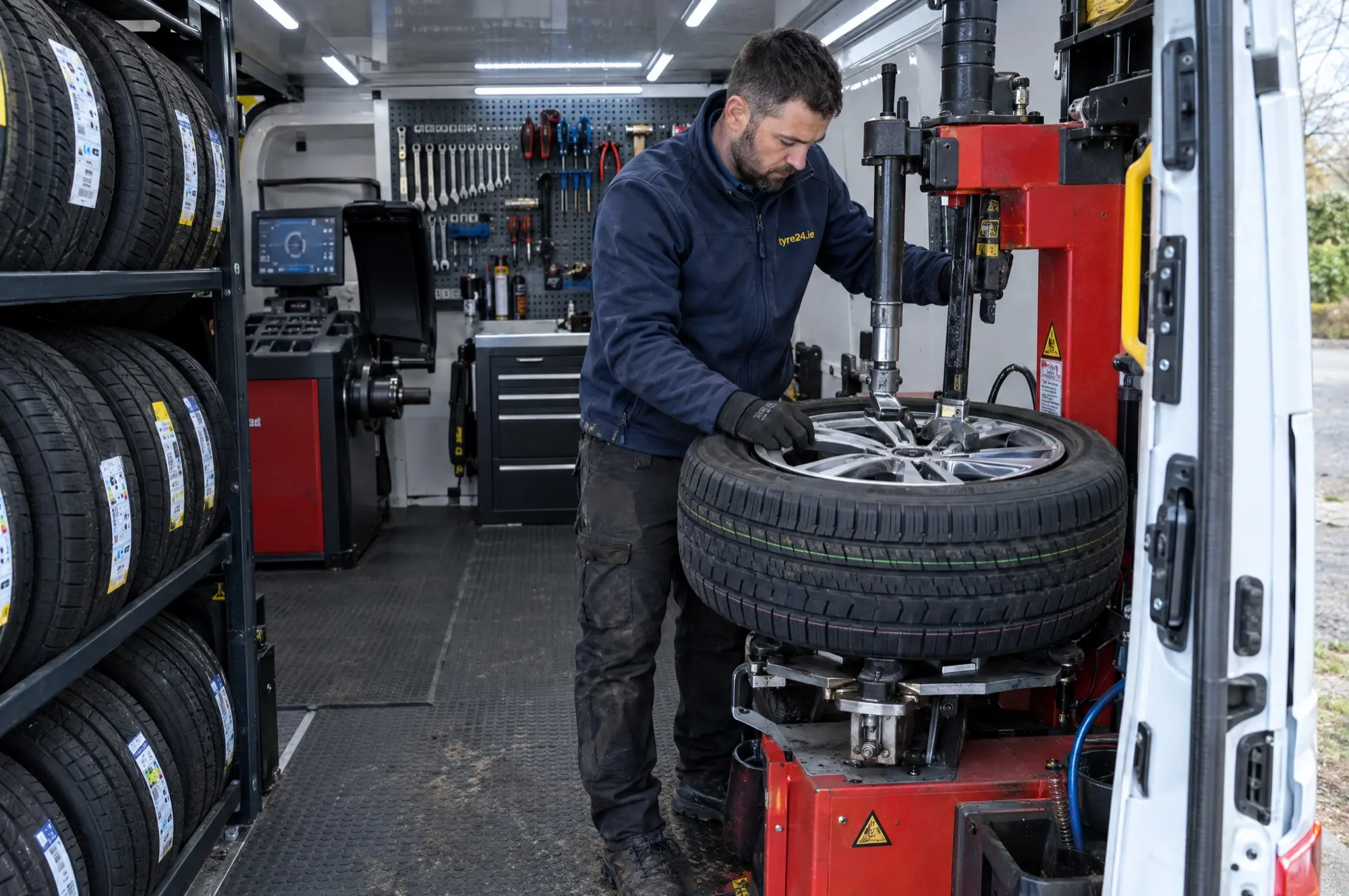Fitter mounting a new tyre on a tyre-changing machine inside the van
