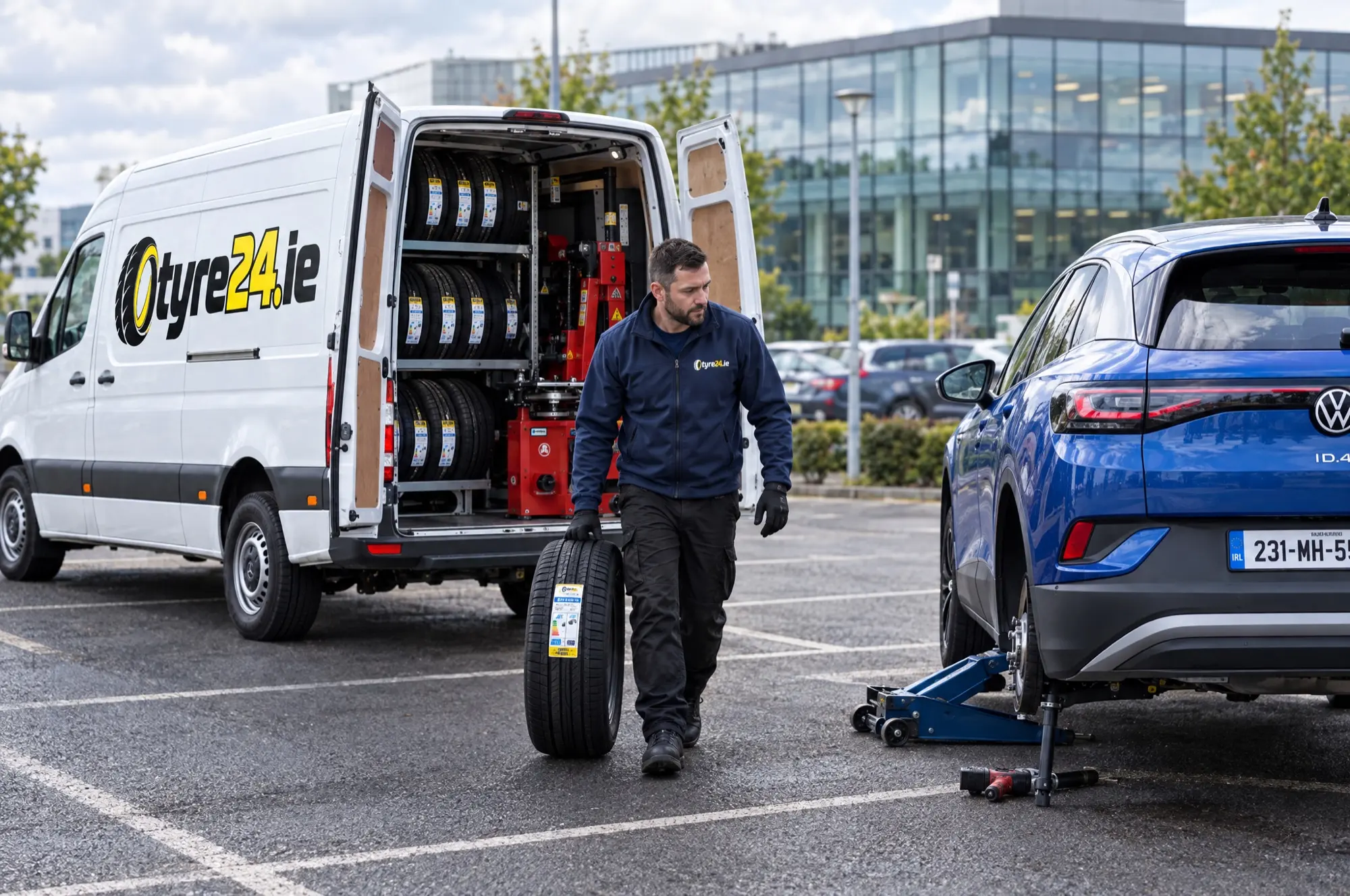 Tyre fitter walking a new tyre from the Tyre24.ie van to a car in a business park car park